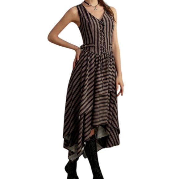 new SCARLET DARKNESS Dress, 10, Brown/Black Stripes, Hi-Low Skirt, Lace/Buckles - Picture 13 of 14